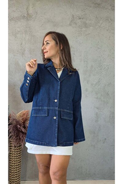 Butik Vatkalı Rahat Kalıp Denim Blazer Ceket