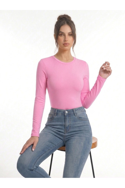 Kadın Pembe Bisiklet Yaka Slim Fit Ultra Soft Yumuşak Esnek Likralı Pamuklu Basic Body&Bluz