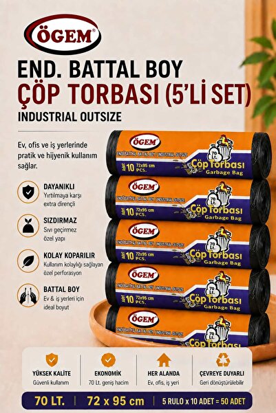 Endüstriyel Battal Boy Siyah Çöp Torbası 72x95 cm 70 Lt Rulo İçi 10 Adet 5'li Rulo Set 50 Adet