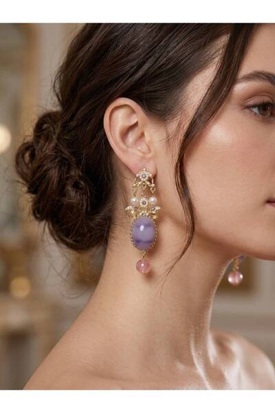ROYAL SPARK Gold Color Lilac Stone and Pearl Dangle Luxury Design Women's Ear...