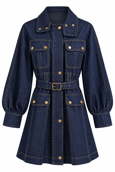 HAZELANNA Gold Düğmeli Kemerli Denim Elbise