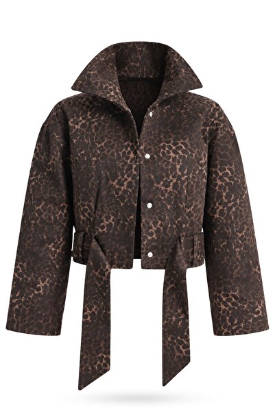 5in1Canpolat Kahverengi Kuşaklı Leopar Desen Gabardin Ceket 1436