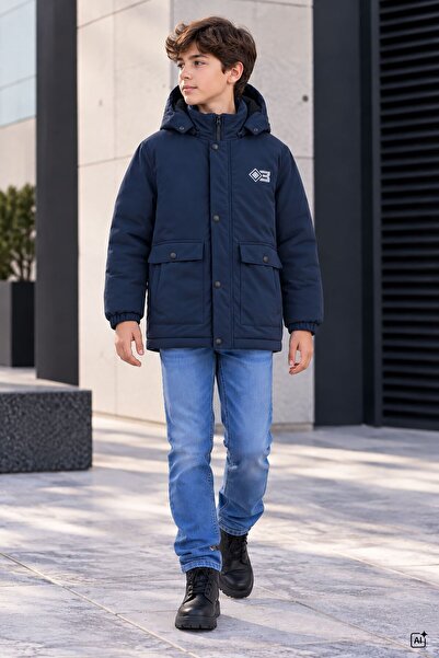 Cansın Mini Navy Blue Boys' Inflatable Coat with Flap Pockets, Embroidered Em...