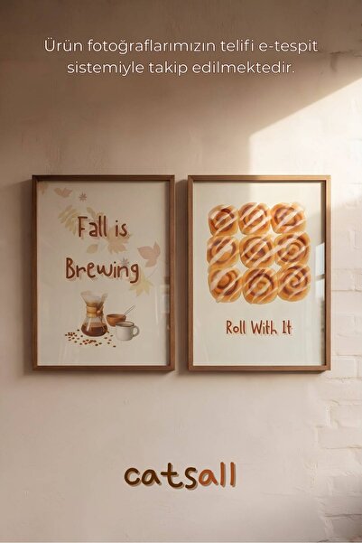 catsall Retro Sonbahar Kahve Ve Cinnamon Roll Desenli 2 Adet Tablo Posteri 30...