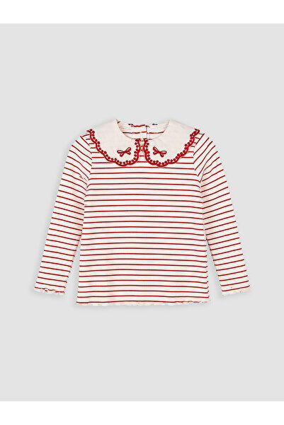 LC Waikiki Ecru Baby Collar Striped Baby Girl T-Shirt