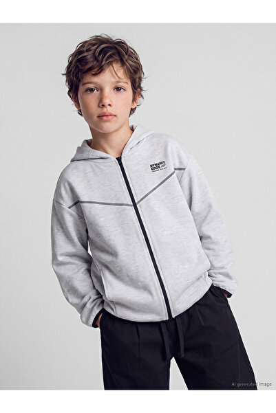 LC Waikiki Gray Hooded Printed Boys' Zippered Sweatshirt