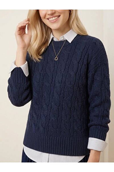 Bysenby Bysen Nordic Navy Blue Wool Yarn Knitted Motif Women's Sweater