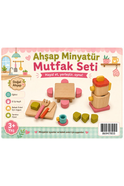 Eymen Hobi Ahşap Minyatür Mutfak Seti – Bebek Evi Aksesuarı