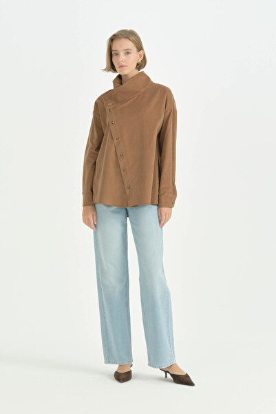Nihan Asymmetrical Closure Notched Collar Tunic - Tan
