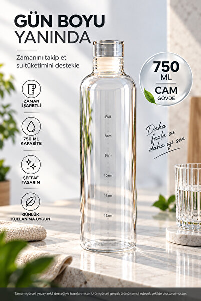 OpenCity 750 ML Cam Su Şişesi Zaman İşaretli Şeffaf Kapaklı Günlük Su Mataras...