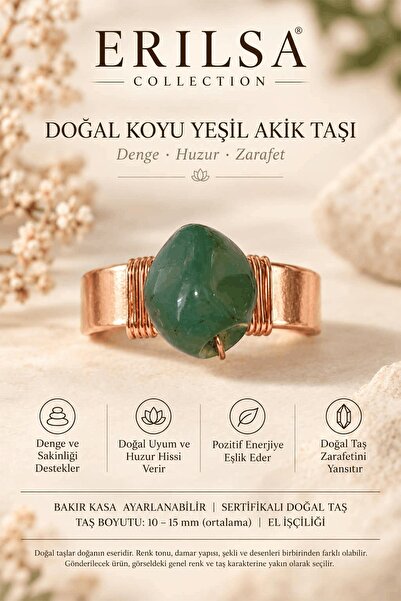 Erilsa Certified Dark Green Agate Stone Natural Stone Ring Copper Case Adjust...