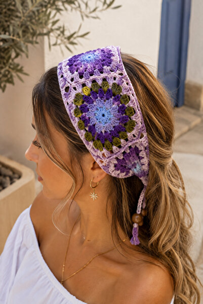ESY Kadın Örgü Saç Bandı Çiçek Motifli Mor Granny Square Bandana Bohem Saç Aksesuarı