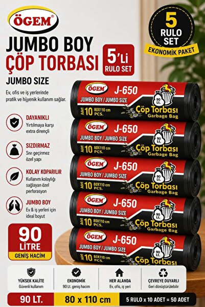Ögem Jumbo Boy J-650 Siyah Çöp Torbası 80x110 cm 90 Lt Rulo İçi 10 Adet 5'li ...