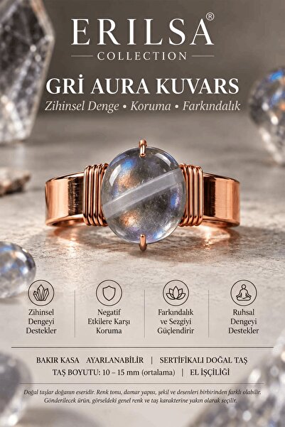 Erilsa Certified Gray Aura Quartz Stone Natural Stone Ring Copper Case Adjust...