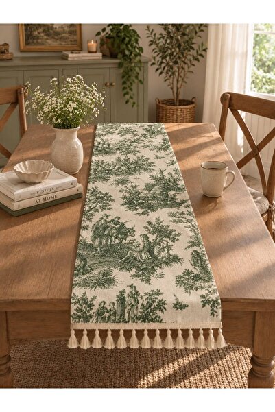 linea natura home مفرش طاولة مزخرف بنمط ريفي فرنسي أخضر مع شراشيب على الطرف، ...