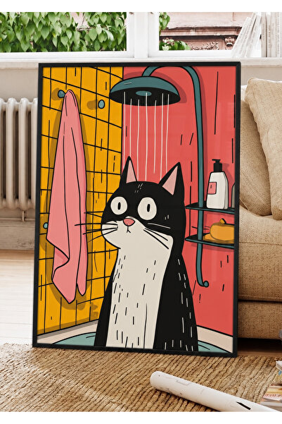 NT Handmade Doğal Ahşap Çerçeveli Duş Alan Kedi Duvar Dekoru Banyo Wc Tuvalet...