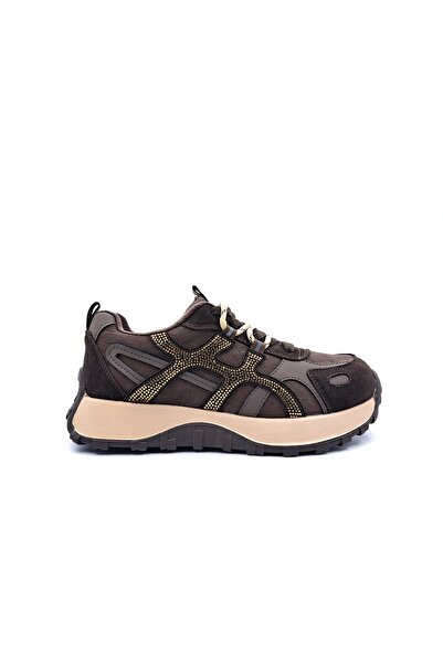 Guja Genuine Leather Stone Detailed Women's Brown Stylish Sneaker Sports Shoes