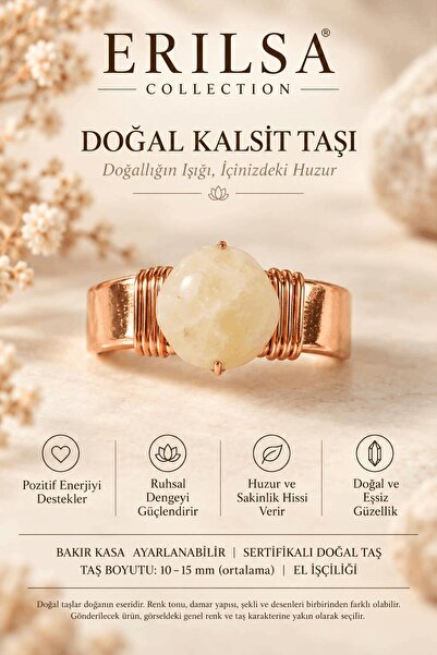 Erilsa Certified Natural Calcite Stone Ring Copper Case Adjustable Handcrafted