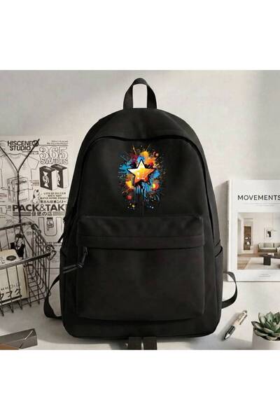 nesebutik Black Color Paint Splatter and Star Print Unisex School and Daily U...