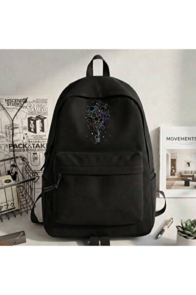 nesebutik Renkli Gezegenler ve Astronot Motifli Siyah Genç Okul Çantası