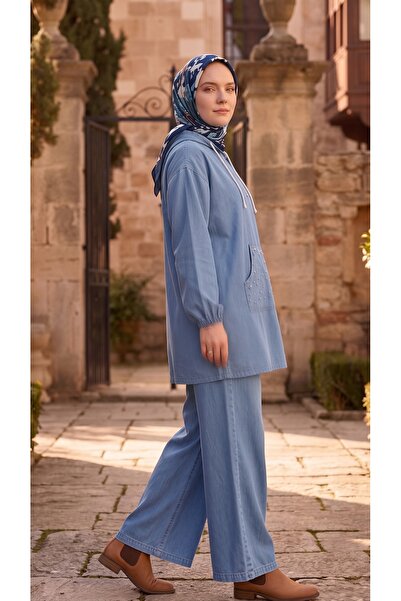 allwear Kapüşonlu İncili Kot Takım - Rahat Regular Geniş Kalıp Denim İkili Takım