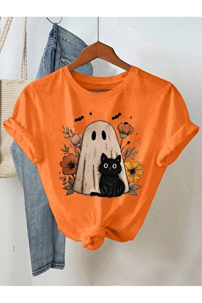 barsdepo Halloween Printed Short Sleeve Loose Fit Round Neck T-Shirt for Women