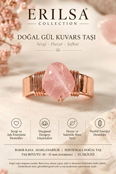 Erilsa Certified Natural Rose Quartz Stone Ring Copper Case Adjustable Handcr...