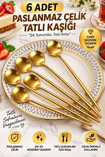 Razmo 6 Adet Gold Paslanmaz Yuvarlak Form Tatlı Kaşığı, 1.kalite 3 Mm 16 Cm