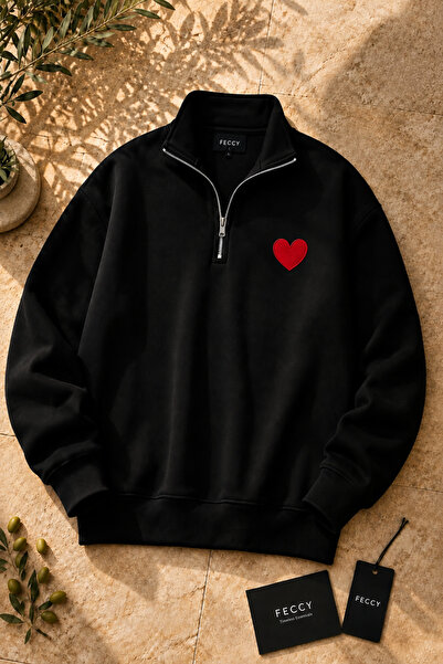 FECCY Premium Unisex Black Color Heart Printed Stand Collar Sweatshirt with H...