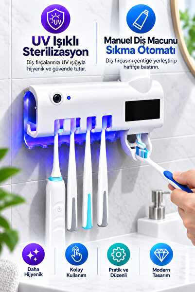 ALL FAST UV Işıklı Diş Fırçası Tutucu ve Manuel Diş Macunu Dispenseri Solar v...