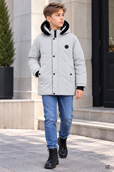 CansınMini Dark Gray Boys' Embroidered Fur Hooded Inflatable Coat with Fleece...