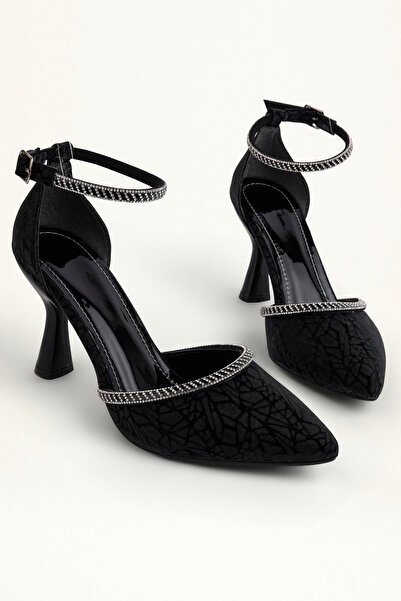 İZMİRİM AYAKKABI Women's Black Silver Stone Ankle Strap Pointed Toe Heeled Evening Dress Shoes