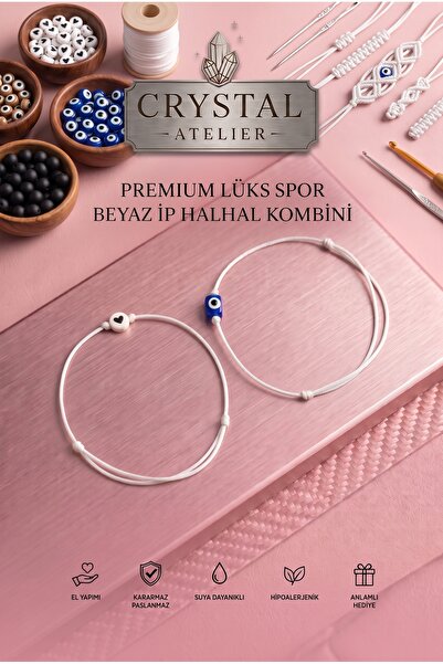 Crystal Atelier مجموعة من 2 قطعة من سلسلة الكاحل البيضاء مع خرز العين الشريرة وقلب قابل للتعديل وعقدة رفع قابلة للتعديل وسلسلة كاحل من المكرامية