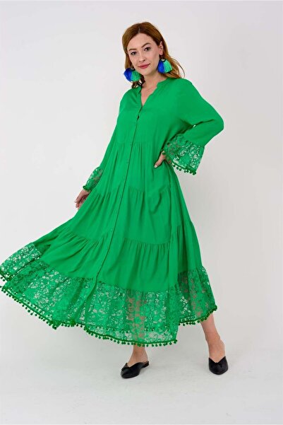 EREN STYLE Pompom Lace Detailed Long Dress