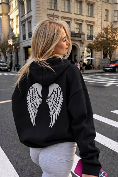 Mad&Calf Kadın Angel Wings Baskılı Kapüşonlu Polarlı Oversize Sweatshirt