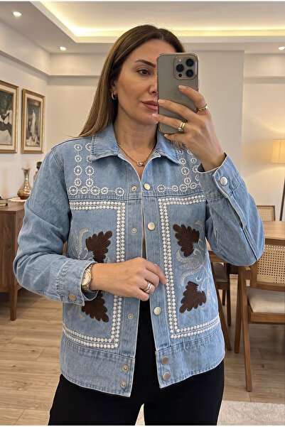 FEMELLE Kadın Nakışlı Kot Ceket Çıtçıt Düğmeli