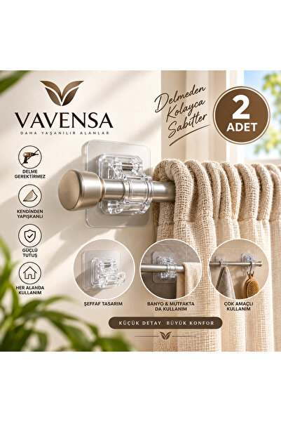 VAVENSA Kendinden Yapışkanlı Perde Çubuğu Tutucu 2 Adet Şeffaf Delmeden Brake...