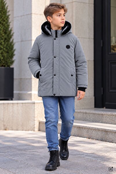 CansınMini Anthracite Boys' Embroidered Fur Hooded Inflatable Coat with Fleec...