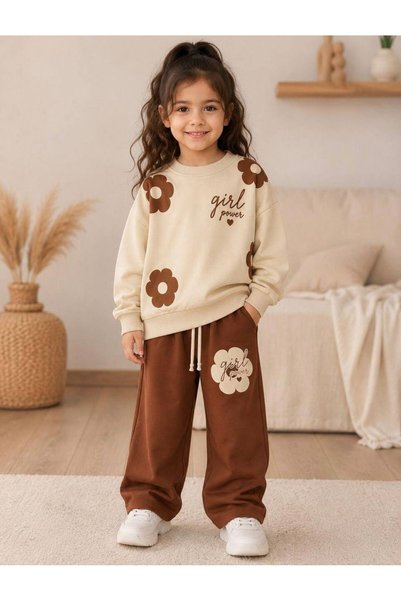 Kız Çocuk Çiçek Kabartma Baskılı Sweatshirt Ve Çiçek Baskılı Flare Pantolon / %100 Pamuk Kız çocuk Takım