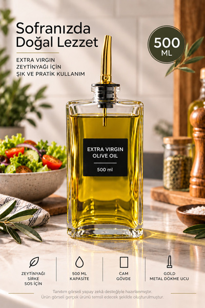 500ML Cam Zeytinyağı Şişesi Gold Metal Dökme Uçlu Yağlık Sirkelik Sosluk Mutfak ve Sofra Sunumu İçin