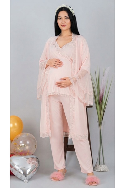Kadın Dantel Detaylı Kruvaze Yaka 3'lü Loğusa ve Hamile Sabahlıklı Pijama Takımı