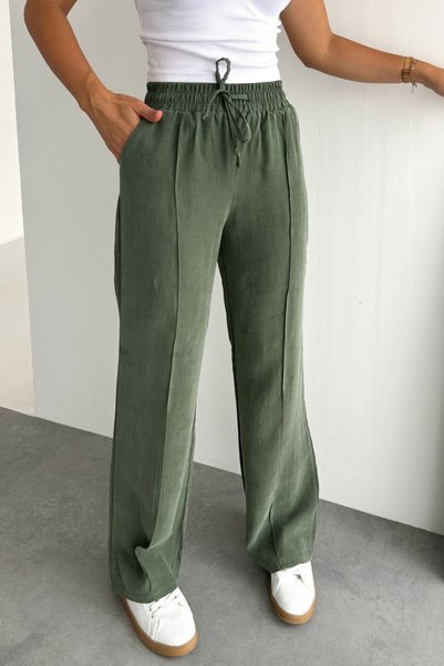 noov Women's Elastic Waist Lace-Up Striped Palazzo Gabardine Trousers 6023 Yeşil - Premium Series