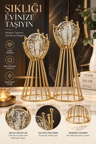 MGEStore 2'li Gold Dekoratif Obje Süs Seti Kristal Küreli Salon Konsol Masa D...