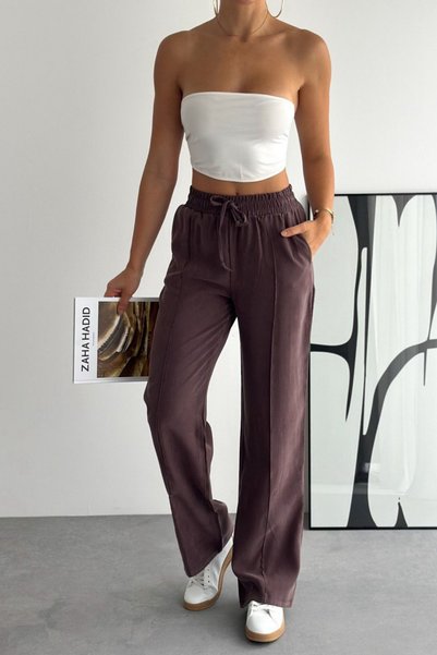 noov Women's Elastic Waist Lace-Up Striped Palazzo Gabardine Trousers 6023 Brown - Premium Series