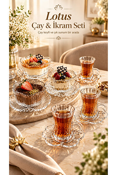 Maloria Lotus 24 Parça Çay & İkram Seti – 6 Kişilik Cam Kulplu Çay ve Kahve F...