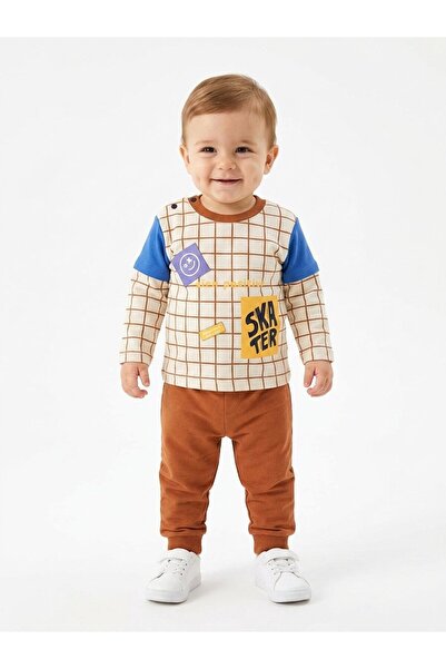 Kids Kingdom Pamuk Kareli Macera Erkek Bebek 2li Takım Kahverengi ve mavi