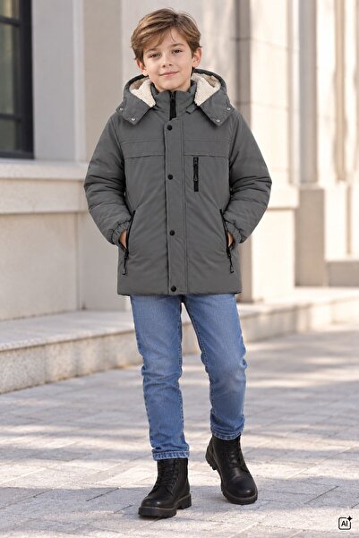 CansınMini Anthracite Boy's Zippered Chest Pocket, Fur Lined, Hooded Inflatab...
