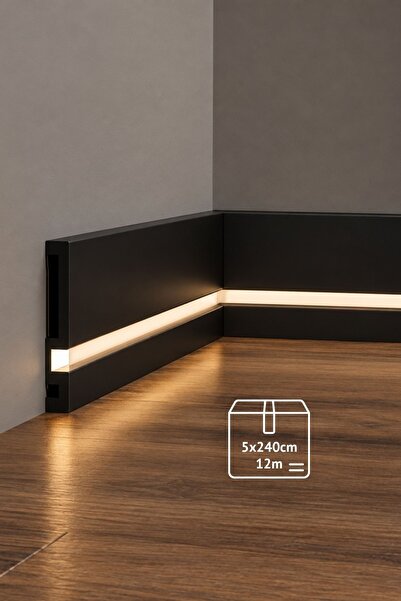 Dekor 10cm Siyah Süpürgelik,5 Adet 12m Beyaz LED Difüzör Dahil Polimer Duvar ...