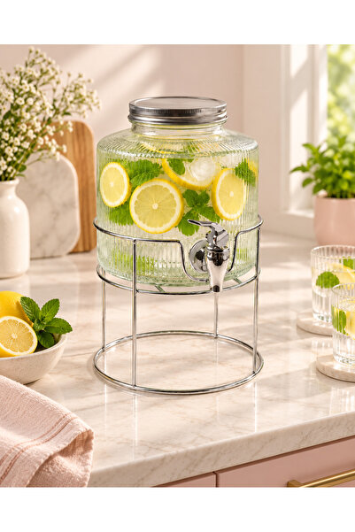 Genel Markalar 2.5 Litre Cam İçecek Sebili Musluklu Metal Standlı Limonata Di...