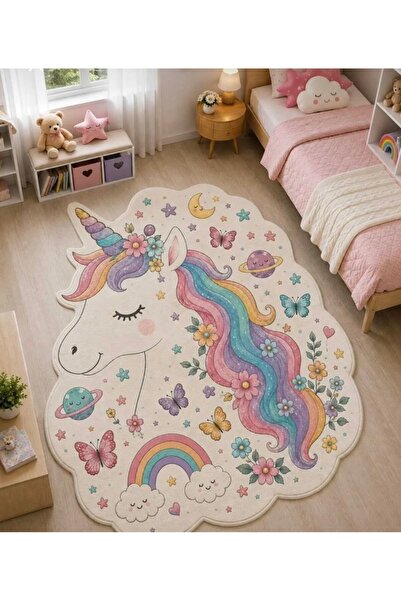 Genel Markalar Kız Çocuk Odası Halısı Unicorn Desenli Dijital Baskılı Kaymaz ...